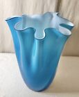 Turquoise Cased Murano Italy Glass Vase W/White Sommerso Interior Circa 1960 15”