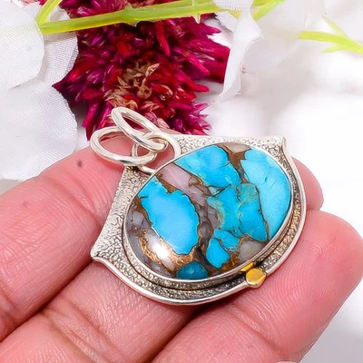 Colgante de plata 925 turquesa azul con ópalo rosa cobre con Kingman 1,40" Sku29 Foto 1 de 4