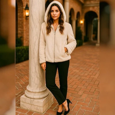 Jou Jou Womens M Cream Faux Fur Zip Hoodie Jacket Satin Lined Cozy Winter Coat - Image 1 of 4