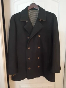 Men's MINE Wool Coat, M, Navy Blue, Beige Genuine Leather Trim - Picture 1 of 8