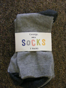George Kids Ankle Socks 7 Pair Grey 12 1/2- 3 1/2