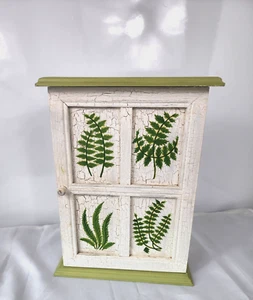 Vintage Wooden Table Top Handpainted ever green leaves Cabinet w/ 2 tier shelves - Picture 1 of 11
