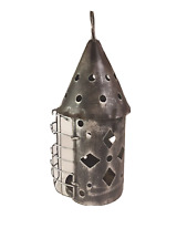 Antique Hanging Lantern Basket Metal Punched Tin Vintage Primitive Worn 13.5"