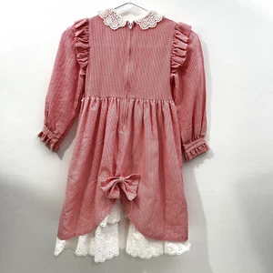 Vintage Girls Dress Peter Pan Collar Eyelet Trim Ruffles Red White Stripes Sz 6 - Picture 1 of 12