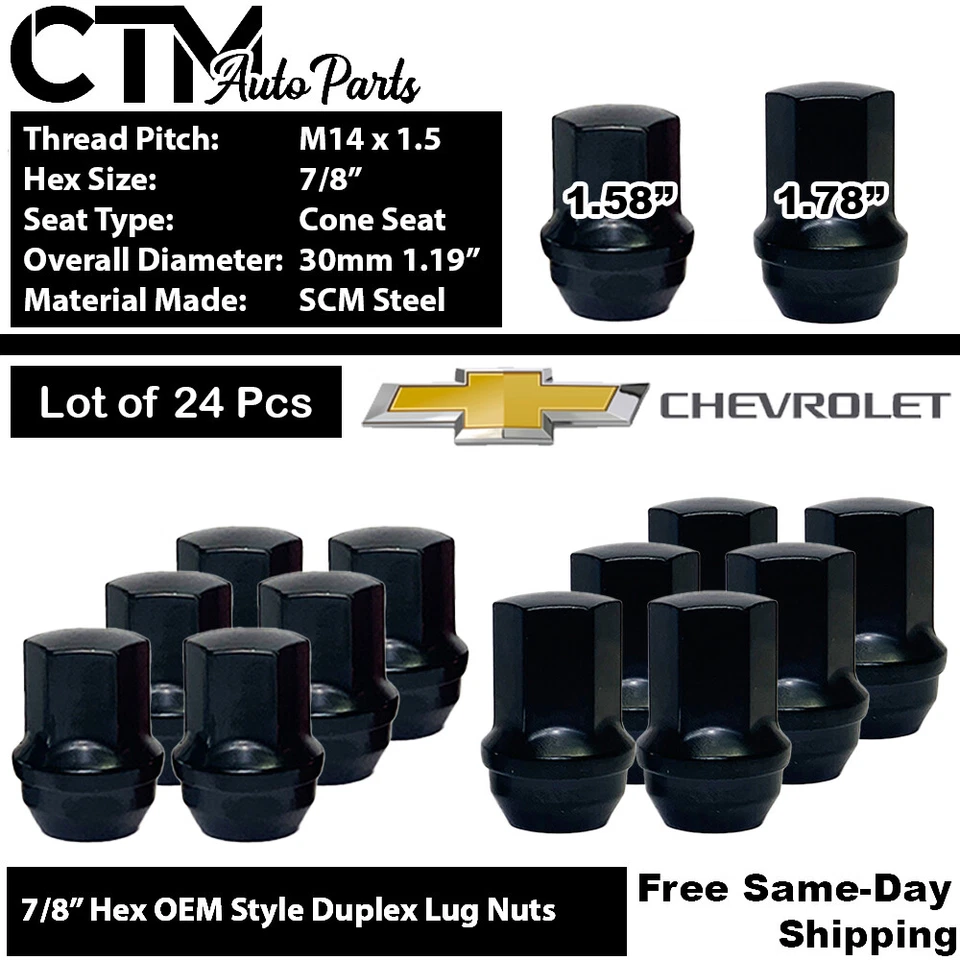 24 piezas CHEVROLET OEM NEGRO DE FÁBRICA M14x1.5 RUEDA TUERCA AJUSTE RUEDA HEXAGONAL 7/8" STOCK Foto 1 de 3