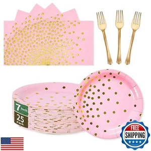 Pink Gold Paper Plates and Napkins Tableware Set- 25 x 7''Dessert Plates and  - Picture 1 of 5