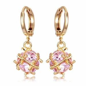 Pretty New Yellow Gold Filled Pink Crystal CZ Cubic (Magic) Ball Dangle Earrings