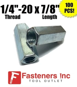 (100) 1/4"-20 x W3/8" x L7/8" Coarse Grade A Hex Rod Coupling Nut Zinc Plated - Picture 1 of 2