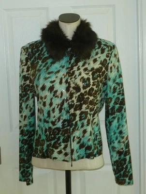 Joseph Ribkoff Turquesa/Marrón Animal Lentejuelas Desprendimiento Cuello de Piel Cremallera Top Chaqueta 16 Foto 1 de 4