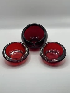 Viking Ruby Red Orb Glass Ashtray Set Of 3 ***READ*** - Picture 1 of 9