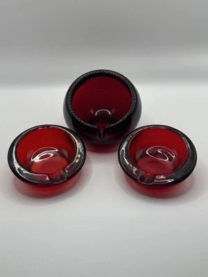 Viking Ruby Red Orb Glass Ashtray Set Of 3 ***READ*** - Image 1 of 4