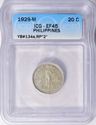 PHILIPPINES VARIETY 1929M  20 Centavos YB# 134a. RP"2"  EF45 ICG - Image 1 of 2