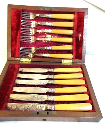SHEFFIELD~LOCKWOOD BROS~LIMITED~WOODEN BOX~FORK & KNIVES SET~ANTIQUE~VICTORIAN~ - Image 1 of 4