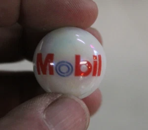 RARE VINTAGE MOBIL OIL GAS STATION PROMO PERALIZED GLASS 1" SHOOTER MARBLE SIGN - Picture 1 of 13