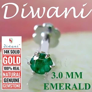 3.0mm Real EMERALD 14k Gold Nose Lip Labret Monroe Piercing Screw Ring Pin Stud - Picture 1 of 12