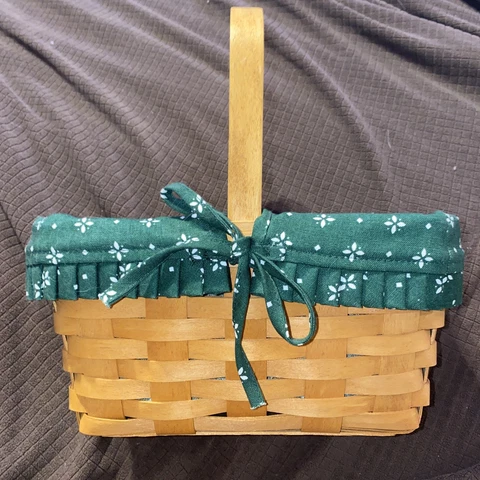 Longaberger Basket with Green Fabric white flowers, no plastic liner Cover
