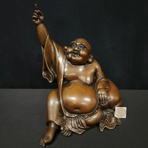 Large Bronze with Metal Inlay (Possibly Silver) Sitting Happy Buddha Statue - Picture 1 of 13