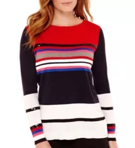 Petite Med, CHRISTMAS HOLIDAY STRIPED SWEATER Long Sleeve Pullover Sweater (#D1)