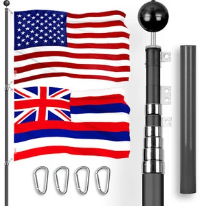20 Ft Telescoping Flagpole Black & American and Hawaii Flags Emb 300D 3x5Ft - Picture 1 of 9