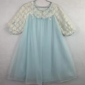 Vintage Warners Robe Nylon Sheer Chiffon Women’s Small Blue Lace Sleeve Scallop - Picture 1 of 19
