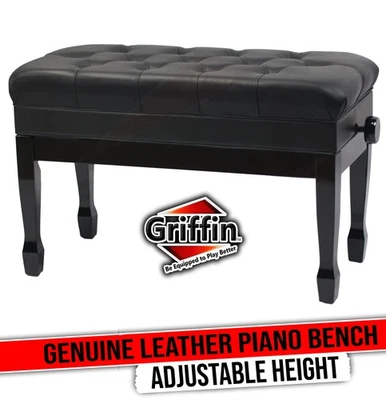 GRIFFIN Genuine Leather Piano Bench | Oversize Duet Vintage Black Solid Wood - Image 1 of 4