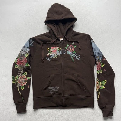Sudadera con Capucha De Colección Ed Hardy Love Kill Slowly Skull Y2K Marrón Talla XL Avant Garde Foto 1 de 4