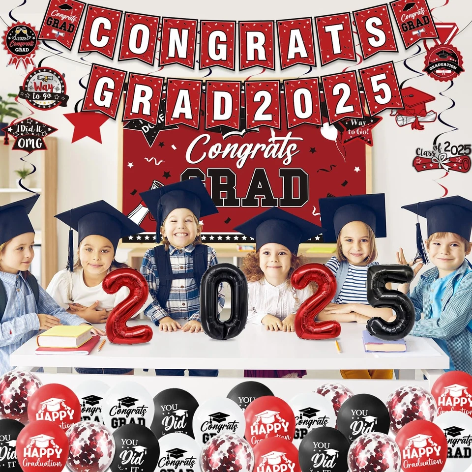 Juego de decoraciones de graduación clase de 2025, tema rojo graduación fiesta suministros de Foto 1 de 4