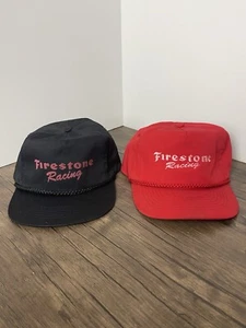 Vtg 2 Firestone Racing Hats Red &Black Trucker Pit Crew Rope Brim Snapback Indy - Picture 1 of 23
