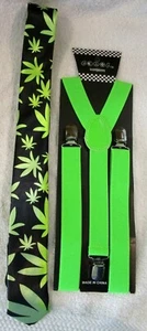 Black with Neon Green MJ Marijuana Leaves Neck Tie+Lime Green Suspenders Combo - Picture 1 of 1