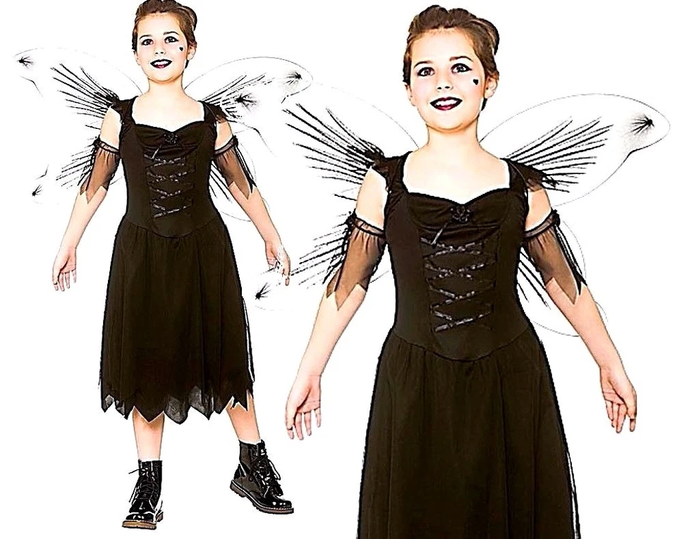 Child Fallen DARK FAIRY + Wings Halloween Bad Girls Fancy Dress Costume Angel  - Image 1 of 1