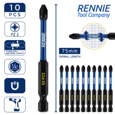 10 x PZ2 75mm Long Magnetic Impact Duty Screwdriver Drill Driver Bits Pozi NO.2 - Image 1 of 4
