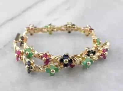 Brazalete tenis redondo de 7 quilates con flores de rubí simulado para mujer enchapado en oro amarillo de 14 quilates Foto 1 de 4