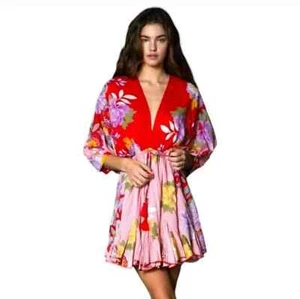 Anthro Aakaa Floral Print Ruffles Hem Lantern Sleeve Casual Dress Size M - Picture 1 of 9