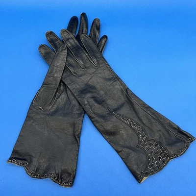 Women’s Vintage Black Leather Dress Gloves Sz 7 Table Cut 11.5” Decorative Trim - Image 1 of 4