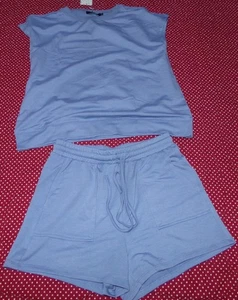 NEW AUTOMET WOMENS SIZE S DUSTY BLUE HIGH WAIST BABY TERRY SHORT & TOP SET - Picture 1 of 4