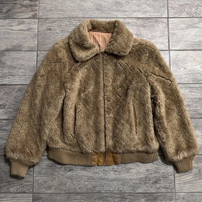 Jaqueta feminina vintage Sears Fashion 1970’s marrom acolchoada de pele de coelho com zíper tamanho 12 - Imagem 1 de 4