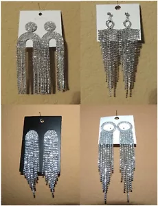 Evening Prom Wedding Long Rhinestone Crystal Tassel Dangle Earrings (NWT) - Picture 1 of 16