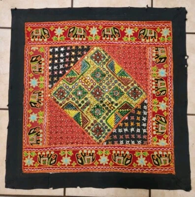 Vintage India Embroidered wall hanging tapestry Elephant Beaded Floral Folk Art - Image 1 of 4