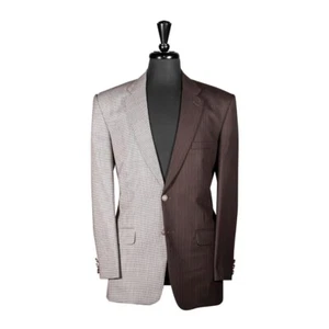 Mens Blazer Brown Striped Beige Check Wool Contrast Party Jacket Sport Coat 40R - Picture 1 of 2