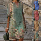 Damen Vintage Sommerkleid Strandkleid Freizeitkleid Urlaubkleid V-Neck Midiklied