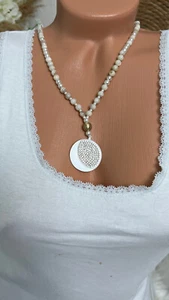 Italy long Kette Giuno Perlen Strass Amulett blogger silber beige verstellbar - Bild 1 von 6