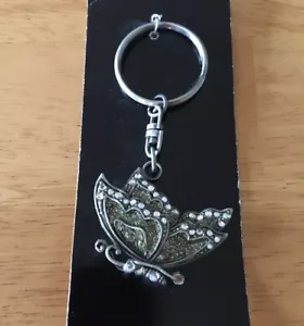 Vintage Keychain JEWELED BUTTERFLY Key Ring Metal / Enamel Fob Faux Gems Unique - Picture 1 of 6