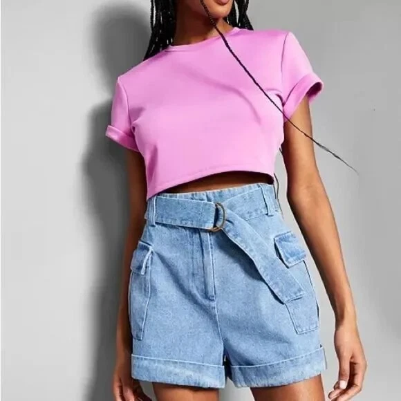 Pantalones Cortos Carga Jeannie Mai X INC Denim Cinturón Tiro Alto Puños Lavados Talla 2 Foto 1 de 2