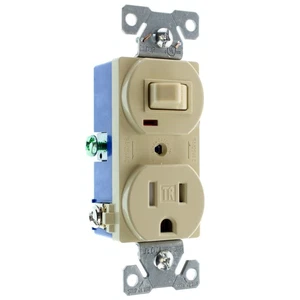 COMBO INTERRUPTOR DE PALANCA Y RECEPTÁCULO HUBBELL RC108ITRZ, TOMA TR, 15A, 120V, MARFIL - Imagen 1 de 3