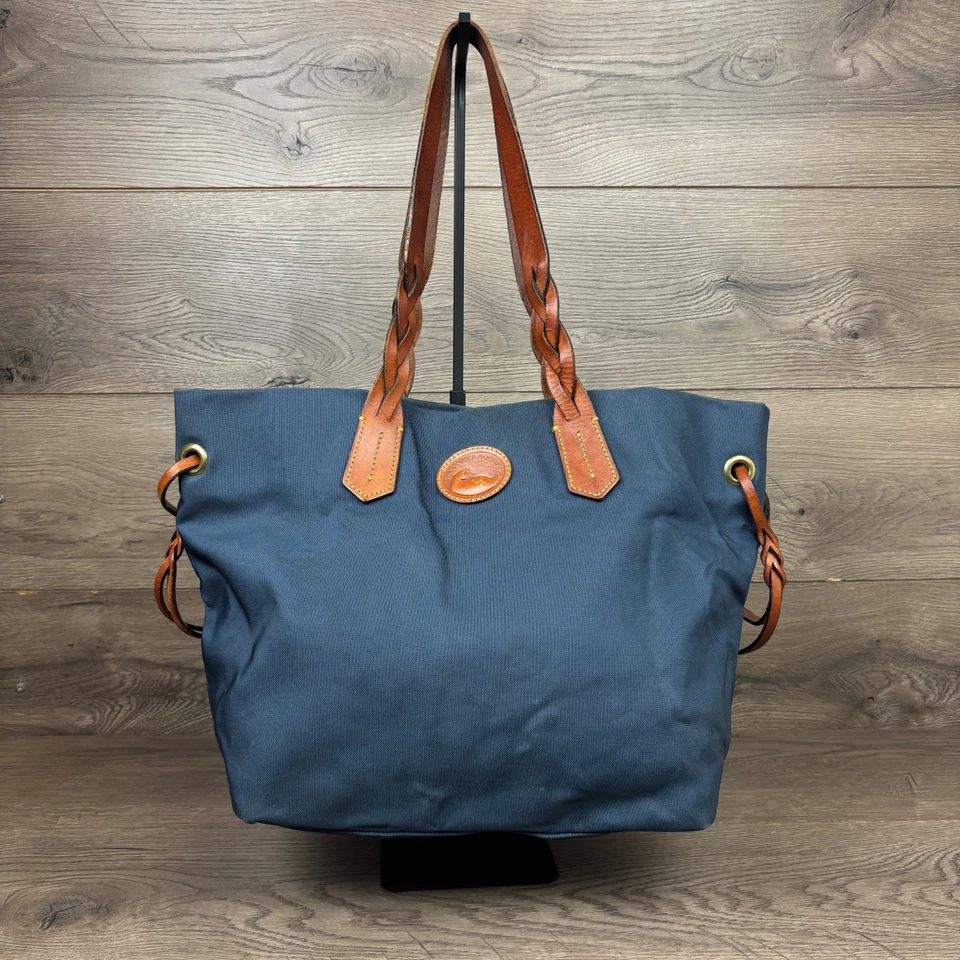Bolso de Mano Dooney & Bourke Grande Azul Nylon Shopper Cuero Marrón Correa Trenzada Foto 1 de 4