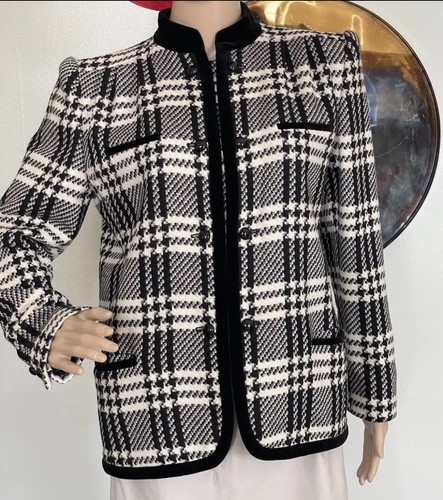 GIACCA VINTAGE VALENTINO 1982 83 LANA PLAID BORDO VELLUTO RIMOVIBILE MEDIA TG 44