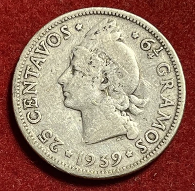 Moneda de plata República Dominicana 25 centavos 1939 KM#20 160K de colección T7385a Foto 1 de 2