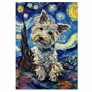 Impresión artística de noche estrellada Westie Dog plana enrollada, enmarcada o envuelta en lienzo - Imagen 1 de 19