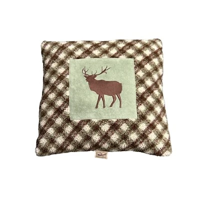 Woolrich Sherpa/faux suede Deer Stag Plaid Throw Accent Pillow Green Brown - Image 1 of 3