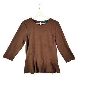 Ralph Lauren LRL Peplum Knit 3/4 Sleeve Brown Herringbone Blouse Womens Size L - Picture 1 of 7